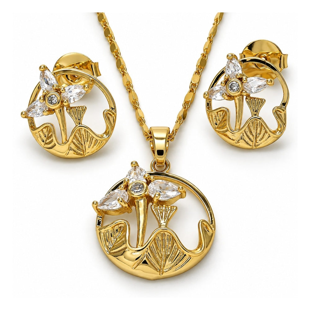 Oro Laminado Earring and Pendant Adult Set, Gold Filled Style Flower and Leaf Design, with White Cubic Zirconia, Polished, Golden Finish