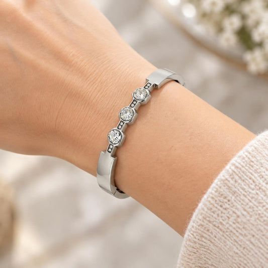 White Gold Filled Individual Bangle, with White Crystal, Polished, Rhodium Finish