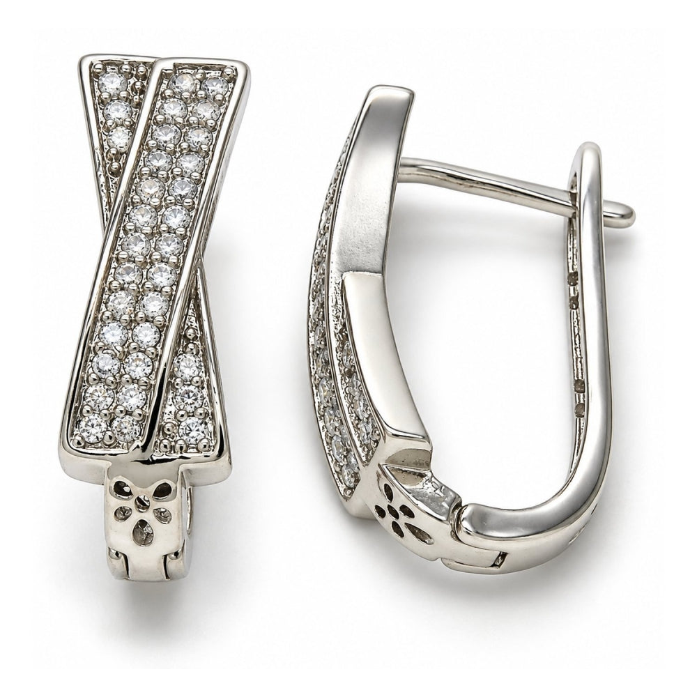 White Gold Filled Huggie Hoop, with White Cubic Zirconia, Polished, Rhodium Finish