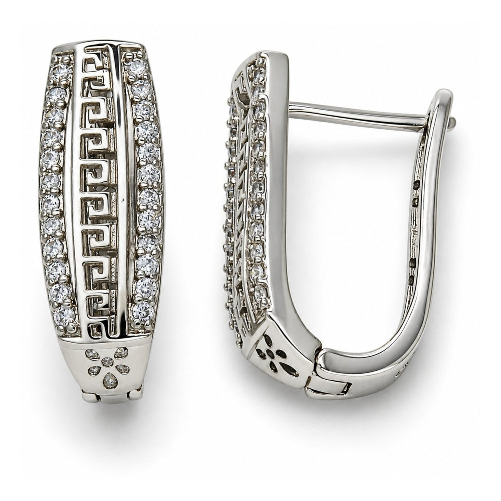 White Gold Filled Huggie Hoop, Greek Key Design, with White Cubic Zirconia, Polished, Rhodium Finish