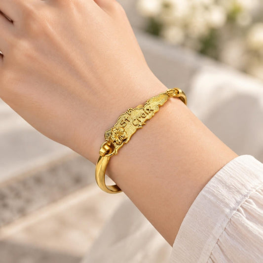 Oro Laminado Individual Bangle, Gold Filled Style Flower Design, Polished, Golden Finish