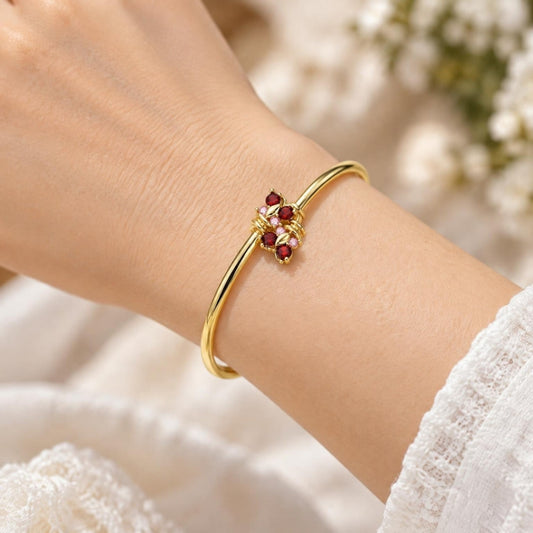 Oro Laminado Individual Bangle, Gold Filled Style Butterfly Design, with Garnet and Pink Cubic Zirconia, Polished, Golden Finish