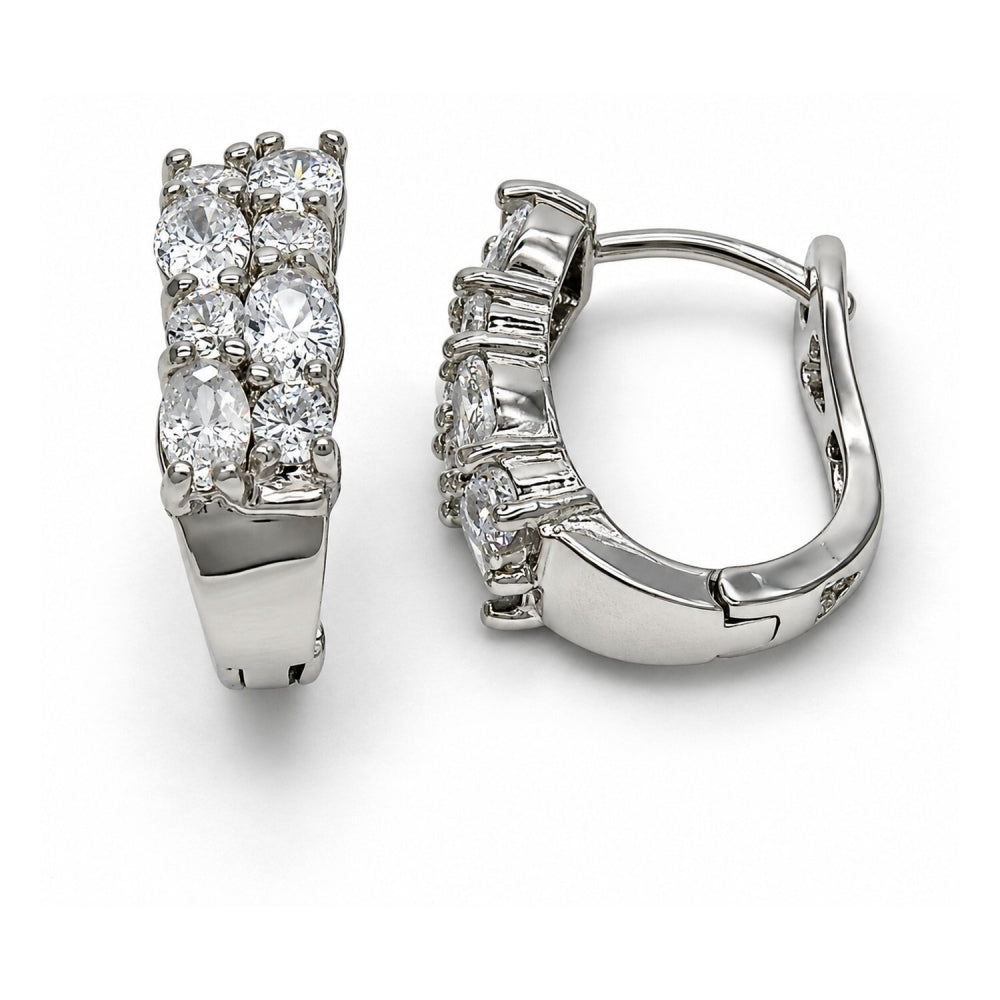White Gold Filled Huggie Hoop, with White Cubic Zirconia, Polished, Rhodium Finish