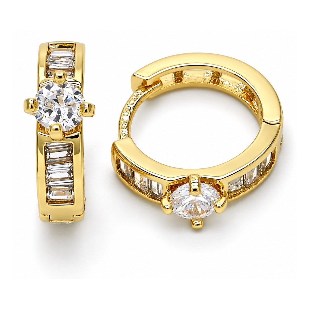 Oro Laminado Huggie Hoop, Gold Filled Style with White Cubic Zirconia, Polished, Golden Finish