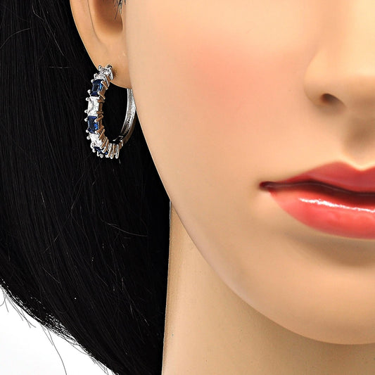 Rhodium Gold Filled Huggie Hoop, with Sapphire Blue and White Cubic Zirconia, Polished, Rhodium Finish