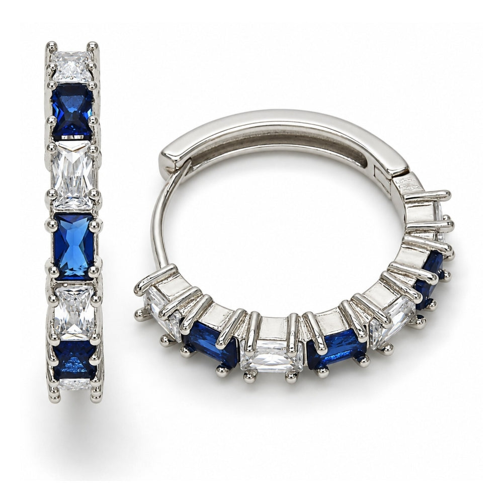 White Gold Filled Huggie Hoop, with Sapphire Blue and White Cubic Zirconia, Polished, Rhodium Finish
