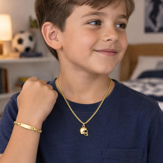 Oro Laminado Earring and Pendant Children Set, Gold Filled Style Miami Cuban Design, Polished, Golden Finish