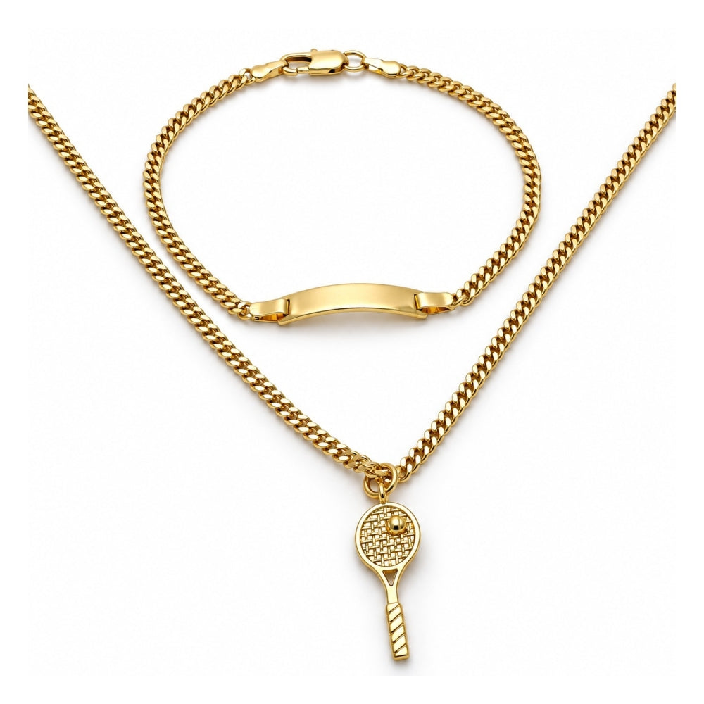 Oro Laminado Earring and Pendant Children Set, Gold Filled Style Miami Cuban Design, Polished, Golden Finish