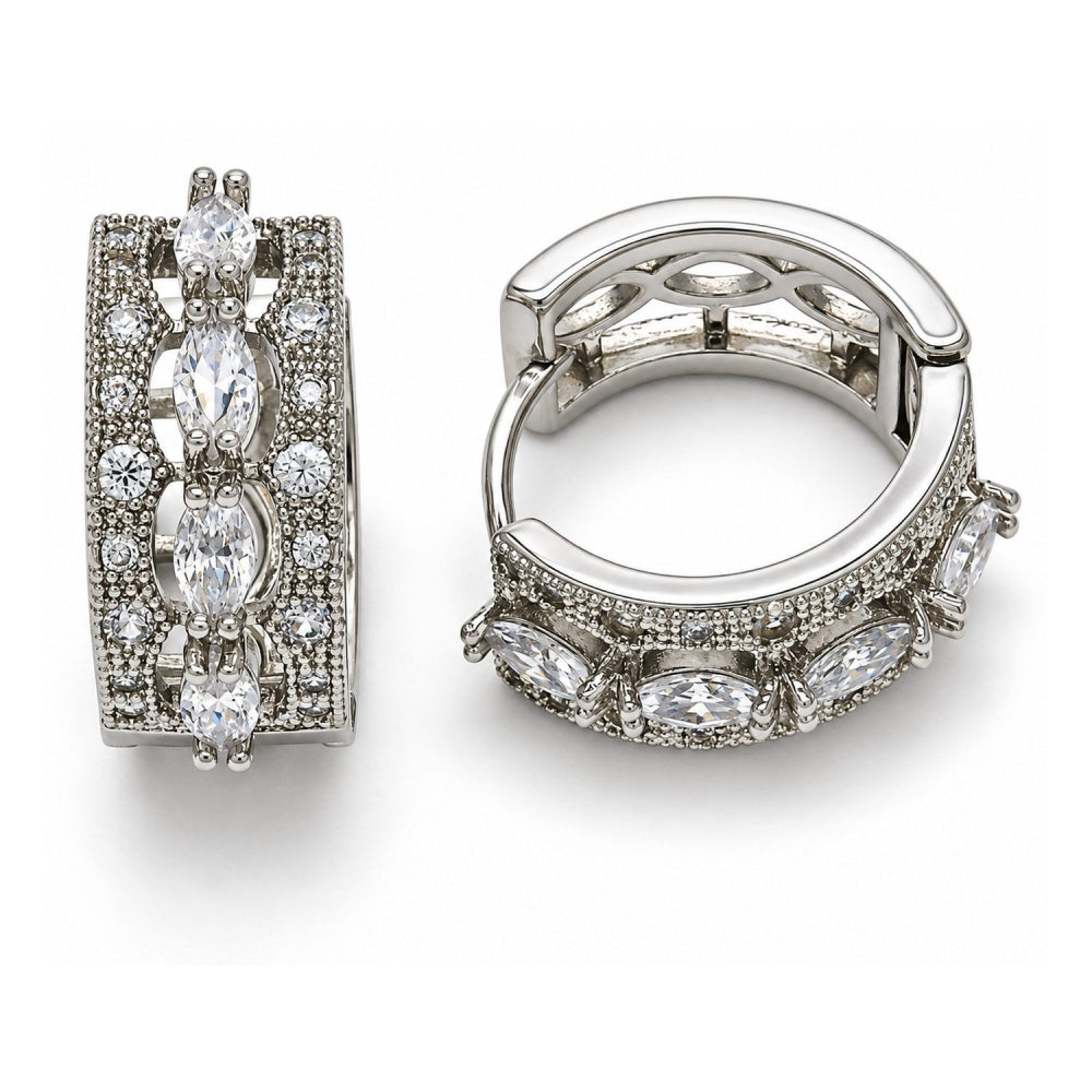 White Gold Filled Huggie Hoop, with White Cubic Zirconia, Polished, Rhodium Finish