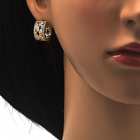 Oro Laminado Huggie Hoop, Gold Filled Style Leaf and Teardrop Design, with White Cubic Zirconia, Polished, Golden Finish