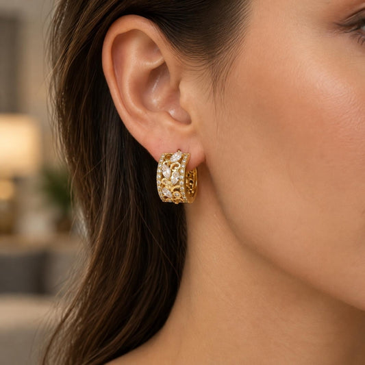 Oro Laminado Huggie Hoop, Gold Filled Style Leaf and Teardrop Design, with White Cubic Zirconia, Polished, Golden Finish