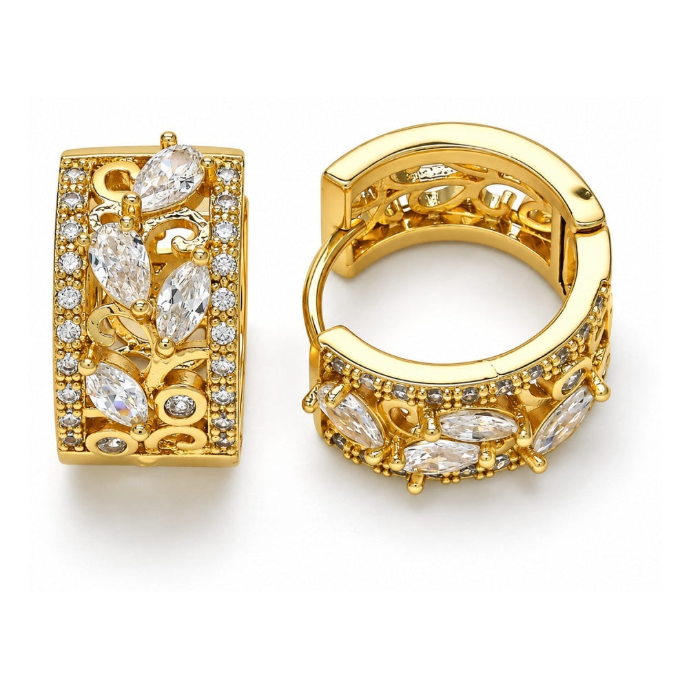 Oro Laminado Huggie Hoop, Gold Filled Style Leaf and Teardrop Design, with White Cubic Zirconia, Polished, Golden Finish
