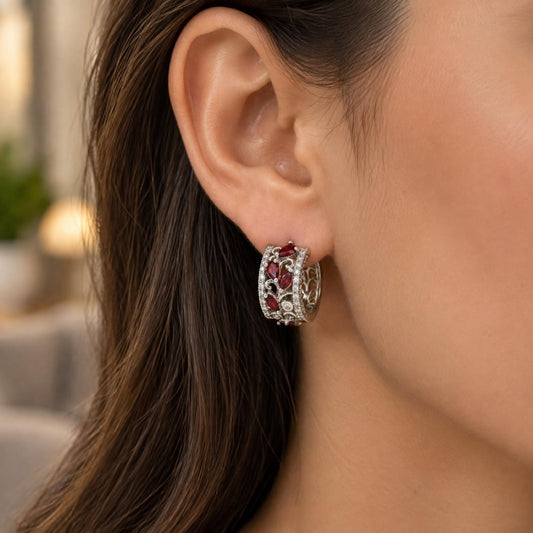 White Gold Filled Huggie Hoop, Teardrop and Leaf Design, with Garnet and White Cubic Zirconia, Polished, Rhodium Finish