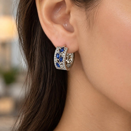 White Gold Filled Huggie Hoop, Teardrop and Leaf Design, with Sapphire Blue and White Cubic Zirconia, Polished, Rhodium Finish