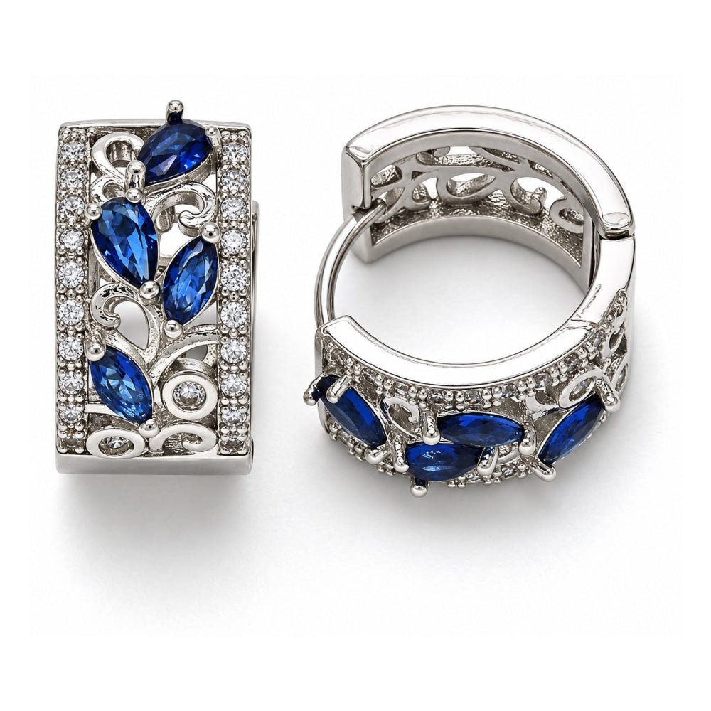 Rhodium Gold Filled Huggie Hoop, Teardrop and Leaf Design, with Sapphire Blue and White Cubic Zirconia, Polished, Rhodium Finish