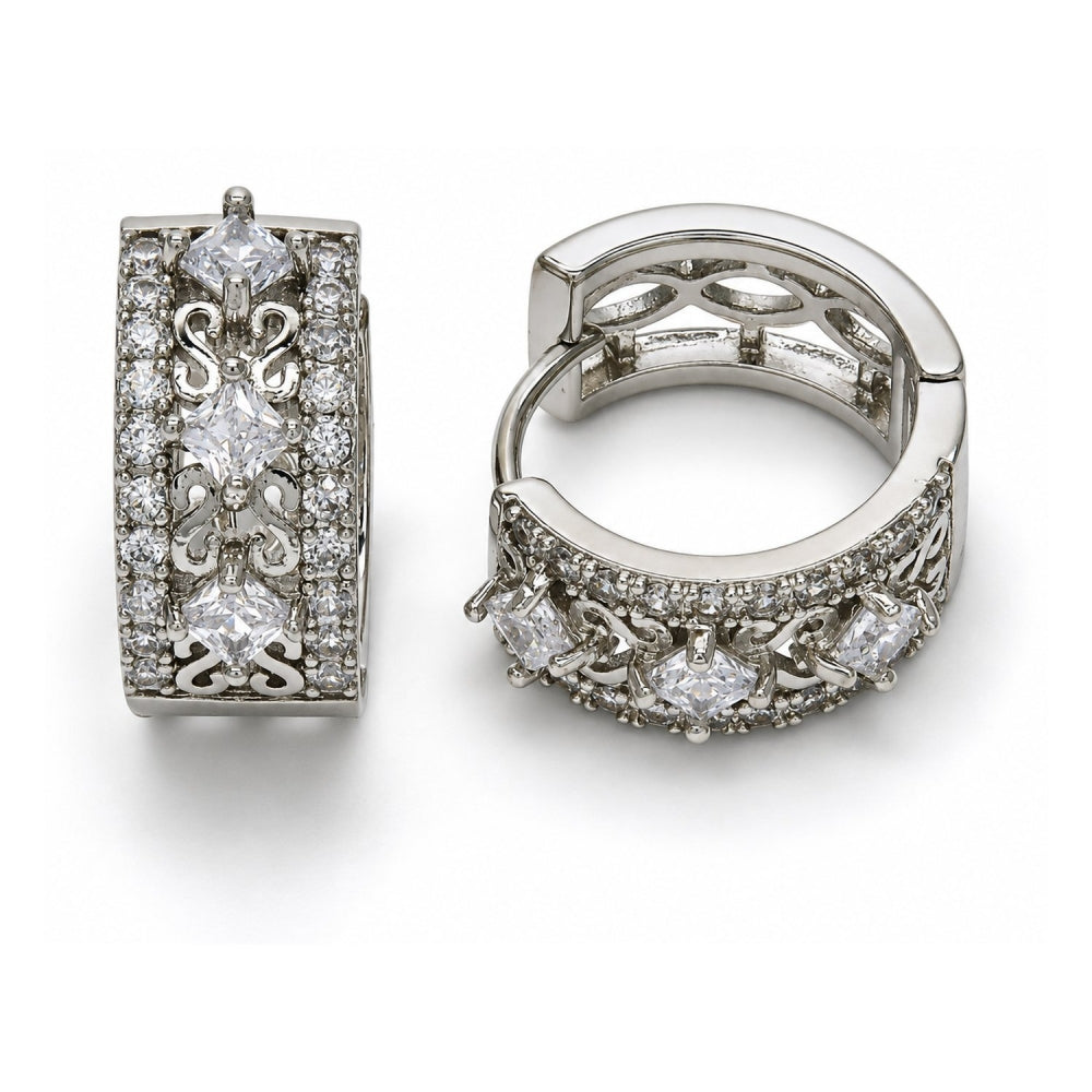 White Gold Filled Huggie Hoop, with White Cubic Zirconia, Polished, Rhodium Finish