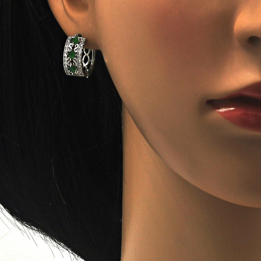 Rhodium Gold Filled Huggie Hoop, with Green and White Cubic Zirconia, Polished, Rhodium Finish