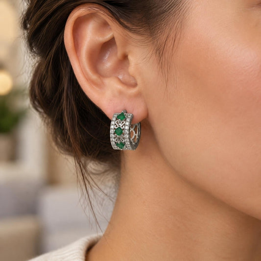 White Gold Filled Huggie Hoop, with Green and White Cubic Zirconia, Polished, Rhodium Finish