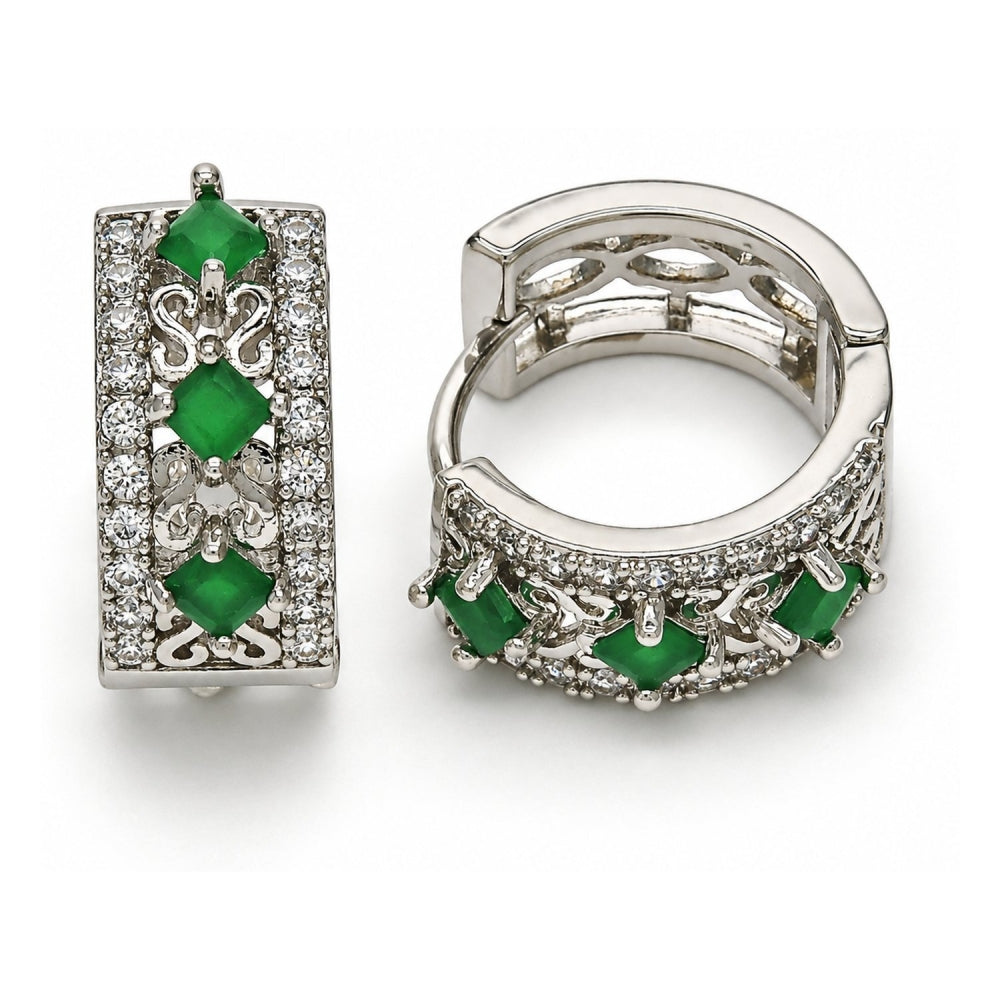 Rhodium Gold Filled Huggie Hoop, with Green and White Cubic Zirconia, Polished, Rhodium Finish