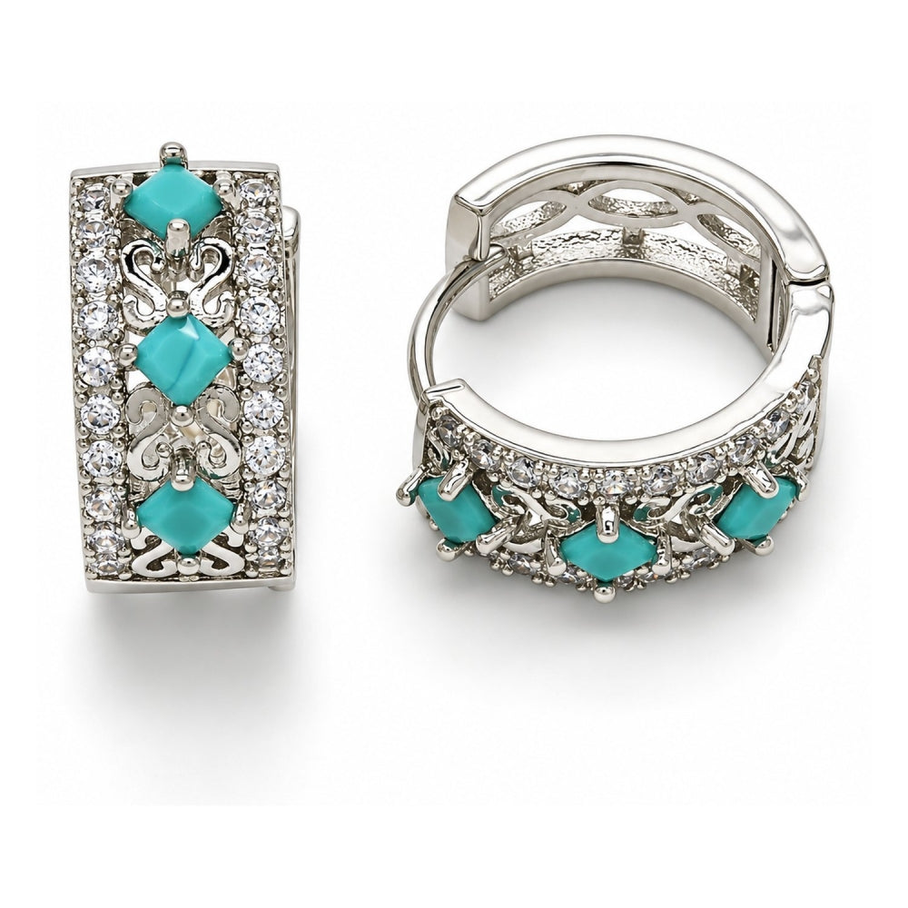 White Gold Filled Huggie Hoop, with Turquoise and White Cubic Zirconia, Polished, Rhodium Finish