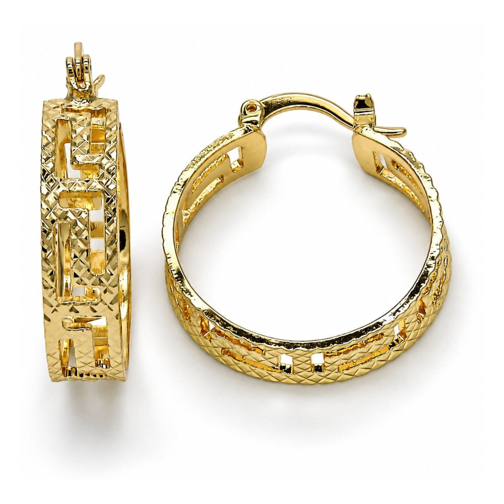 Oro Laminado Small Hoop, Gold Filled Style Greek Key Design, Diamond Cutting Finish, Golden Finish