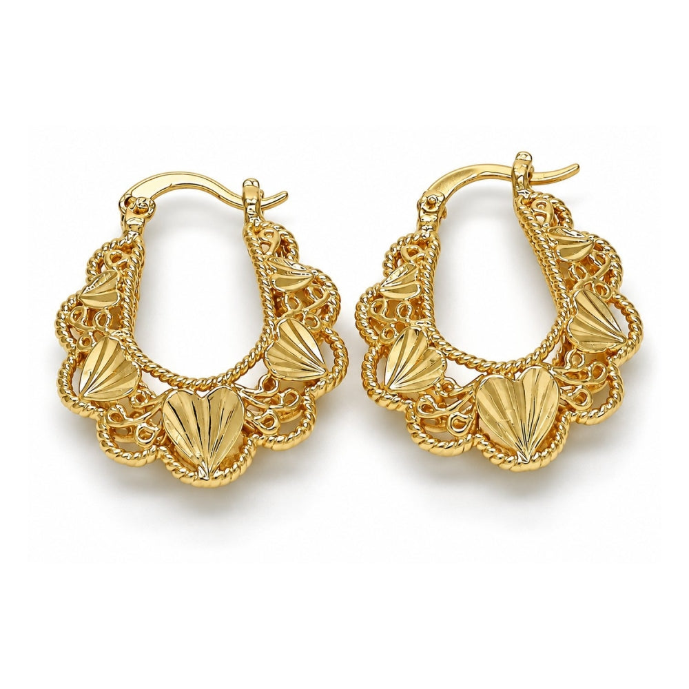 Oro Laminado Small Hoop, Gold Filled Style Heart Design, Diamond Cutting Finish, Golden Finish