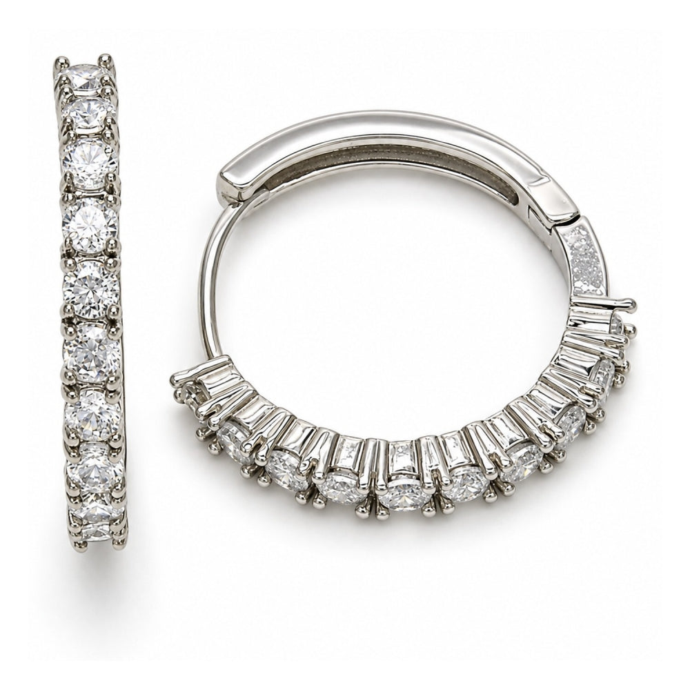 Rhodium Gold Filled Huggie Hoop, with White Cubic Zirconia, Polished, Rhodium Finish