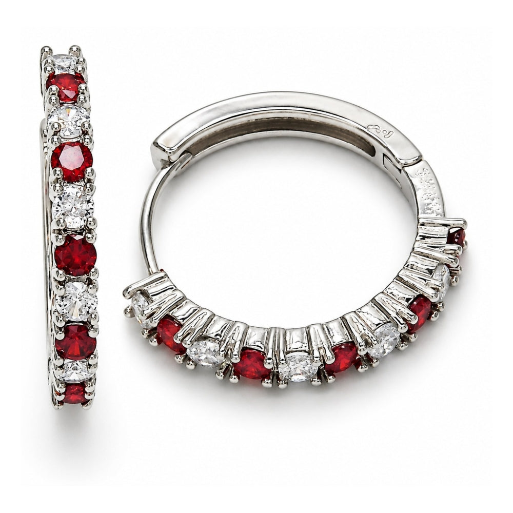White Gold Filled Huggie Hoop, with Garnet and White Cubic Zirconia, Polished, Rhodium Finish