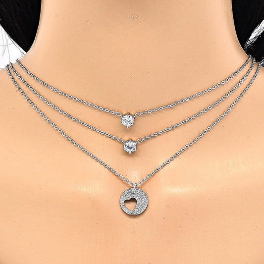 Rhodium Gold Filled Pendant Necklace, Heart Design, with White Cubic Zirconia, Polished, Rhodium Finish