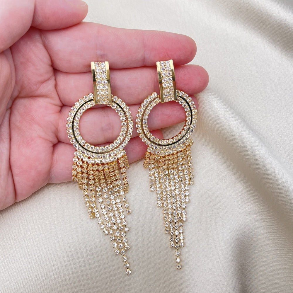 Long Drop Earrings Handmade w/ Diamond Crystal Zirconia Settings in Gold Filled Style Light Weight - Gold Filled Earrings 02.268.0103