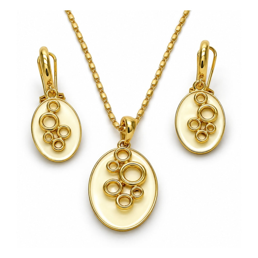 Oro Laminado Earring and Pendant Adult Set, Gold Filled Style White Enamel Finish, Golden Finish