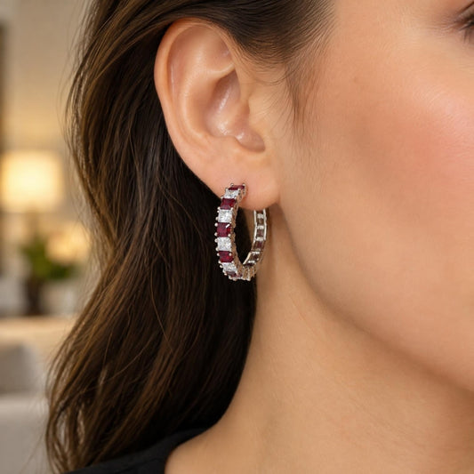 White Gold Filled Huggie Hoop, with Garnet and White Cubic Zirconia, Polished, Rhodium Finish