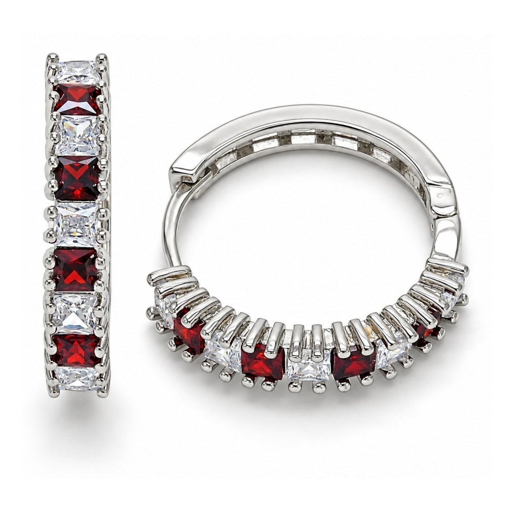 Rhodium Gold Filled Huggie Hoop, with Garnet and White Cubic Zirconia, Polished, Rhodium Finish
