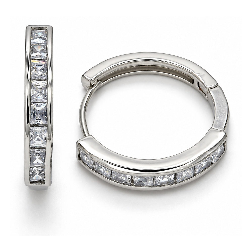 White Gold Filled Huggie Hoop, with White Cubic Zirconia, Polished, Rhodium Finish