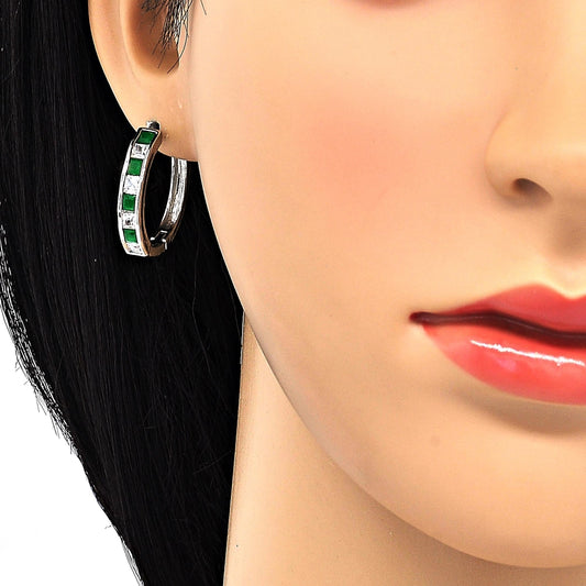Rhodium Gold Filled Huggie Hoop, with Green and White Cubic Zirconia, Polished, Rhodium Finish