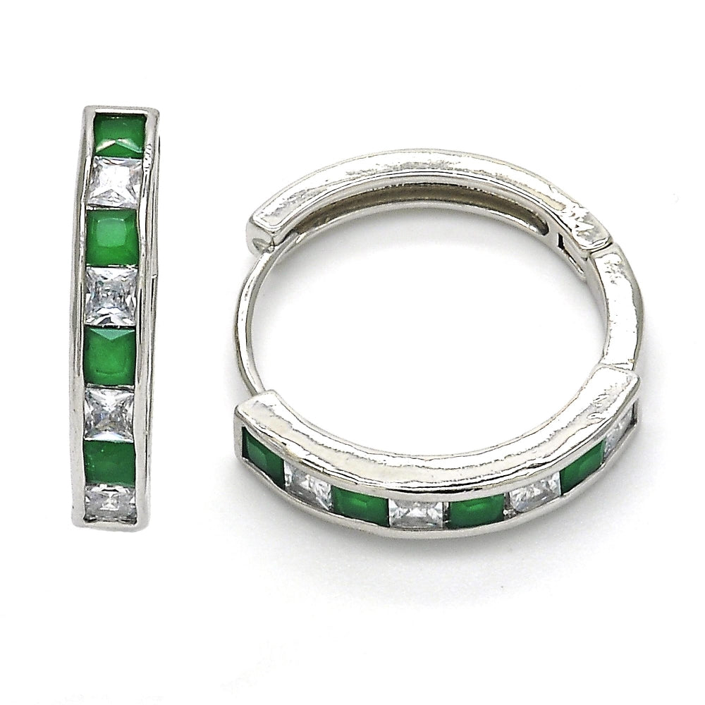 Rhodium Gold Filled Huggie Hoop, with Green and White Cubic Zirconia, Polished, Rhodium Finish