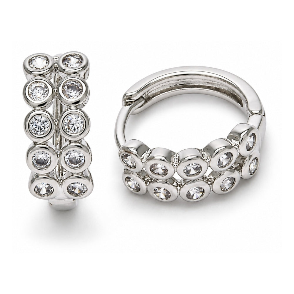 White Gold Filled Huggie Hoop, with White Cubic Zirconia, Polished, Rhodium Finish