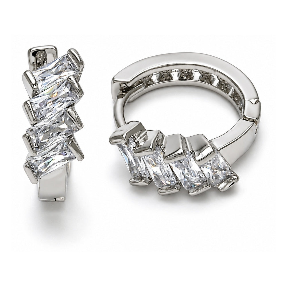 White Gold Filled Huggie Hoop, with White Cubic Zirconia, Polished, Rhodium Finish