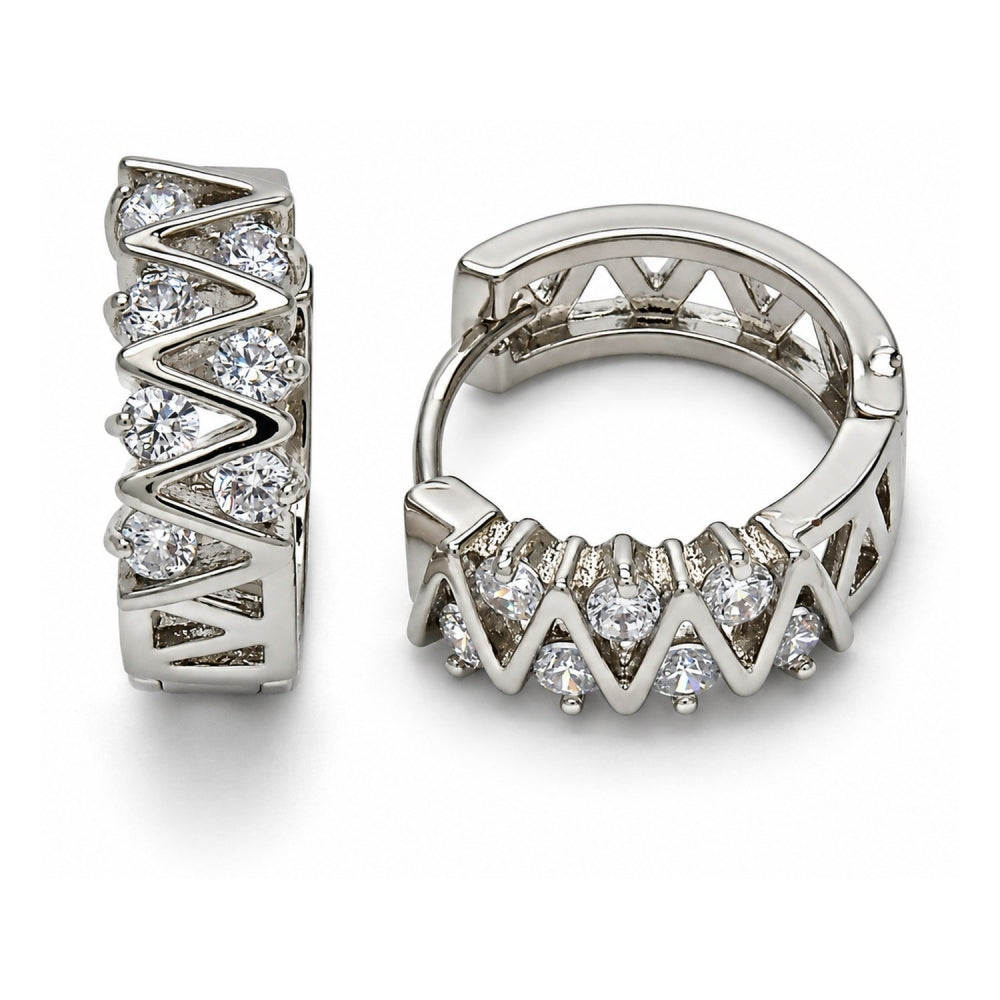 Rhodium Gold Filled Huggie Hoop, with White Cubic Zirconia, Polished, Rhodium Finish