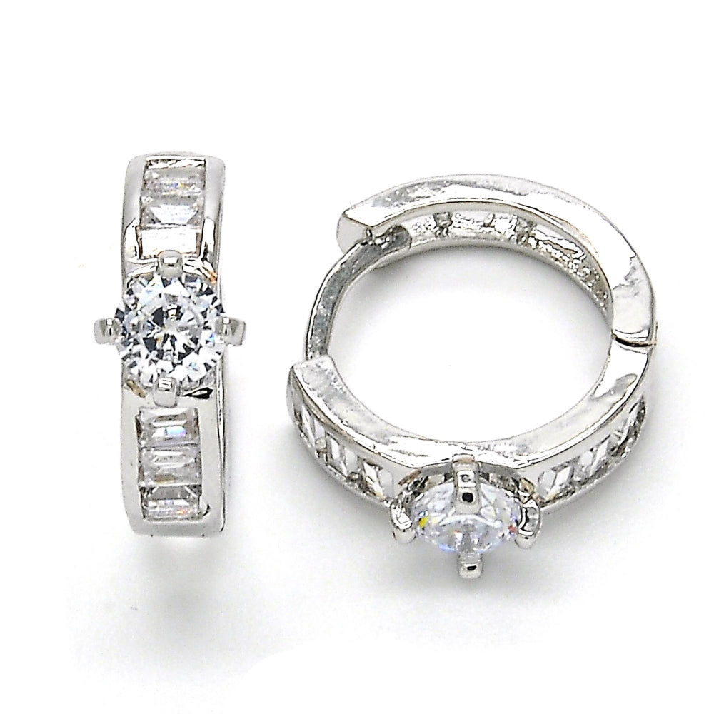 Rhodium Gold Filled Huggie Hoop, Baguette Design, with White Cubic Zirconia, Polished, Rhodium Finish