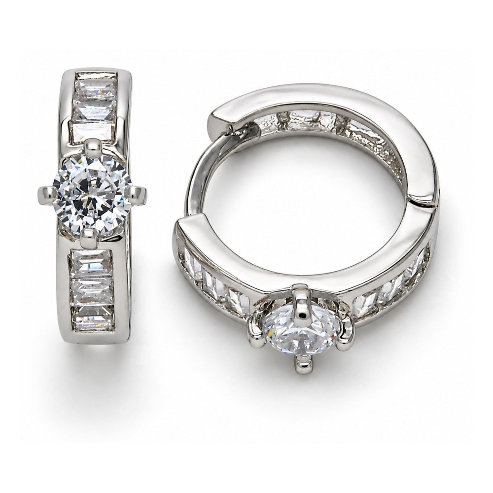 Rhodium Gold Filled Huggie Hoop, Baguette Design, with White Cubic Zirconia, Polished, Rhodium Finish