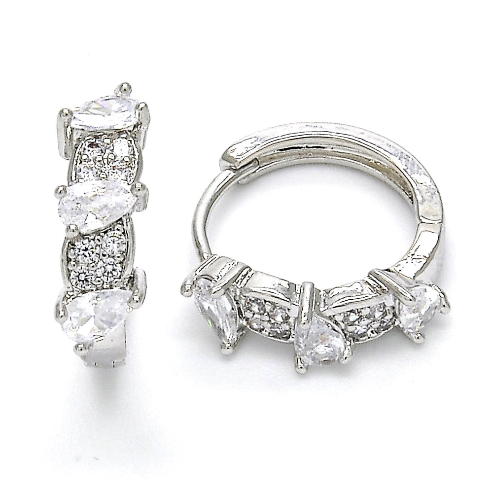 Rhodium Gold Filled Huggie Hoop, Teardrop Design, with White Cubic Zirconia, Polished, Rhodium Finish