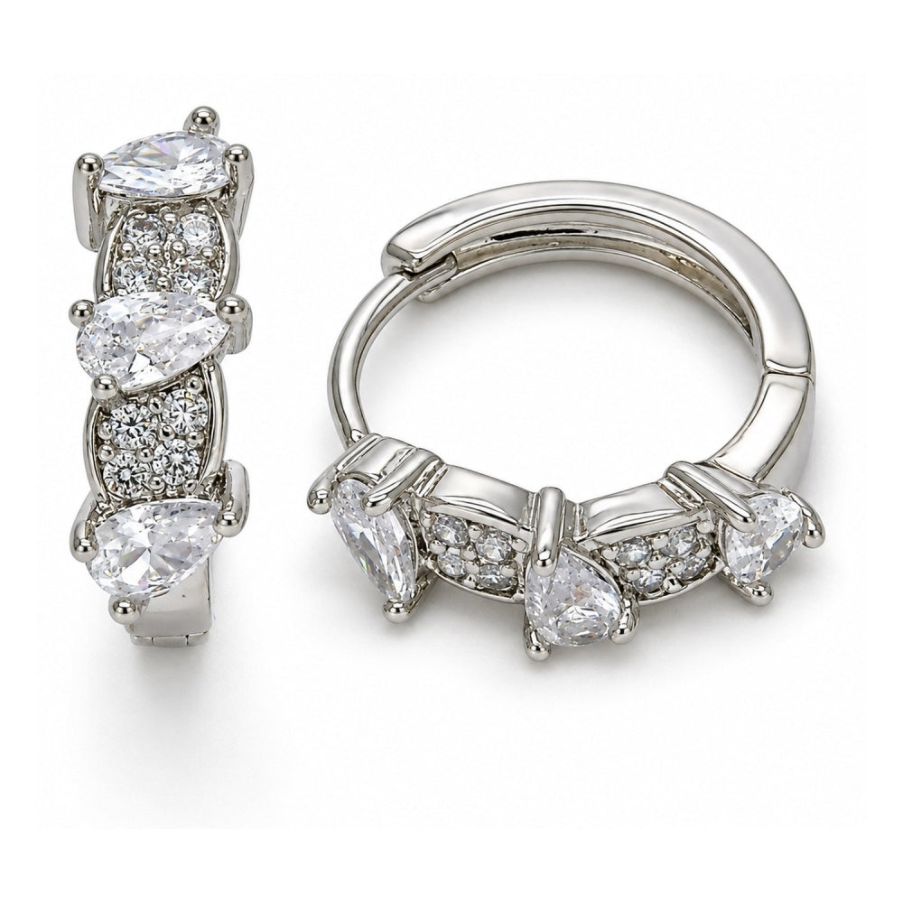 White Gold Filled Huggie Hoop, Teardrop Design, with White Cubic Zirconia, Polished, Rhodium Finish