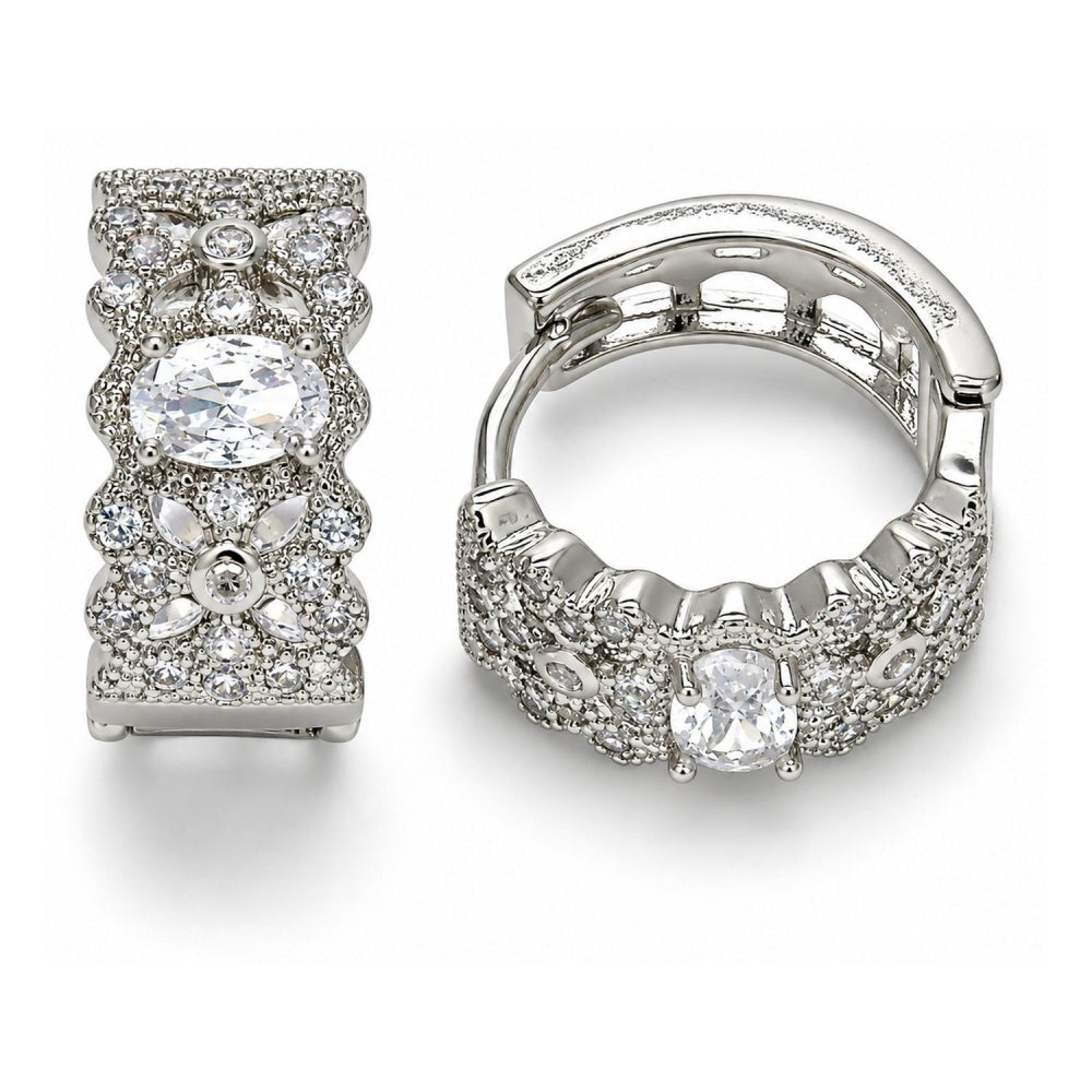 Rhodium Gold Filled Huggie Hoop, with White Cubic Zirconia, Polished, Rhodium Finish