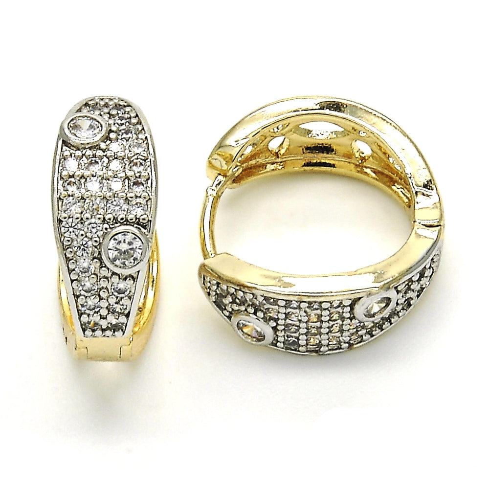 Oro Laminado Huggie Hoop, Gold Filled Style with White Cubic Zirconia, Polished, Two Tone