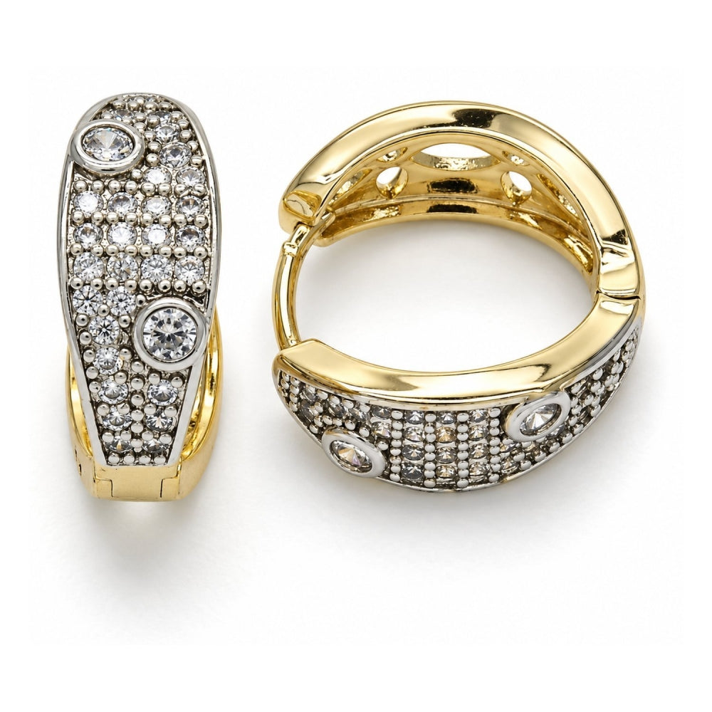 Oro Laminado Huggie Hoop, Gold Filled Style with White Cubic Zirconia, Polished, Two Tone