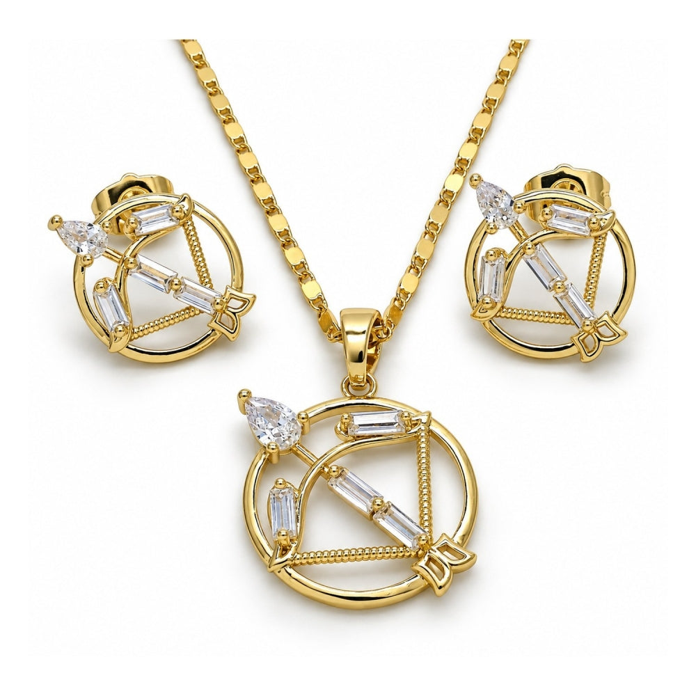 Oro Laminado Earring and Pendant Adult Set, Gold Filled Style Teardrop and Baguette Design, with White Cubic Zirconia, Polished, Golden Finish