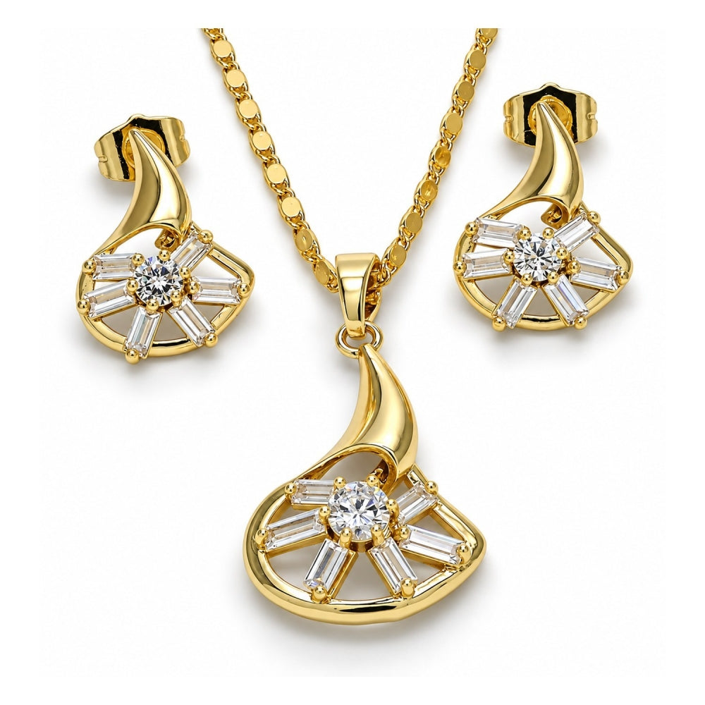 Oro Laminado Earring and Pendant Adult Set, Gold Filled Style Baguette Design, with White Cubic Zirconia, Polished, Golden Finish