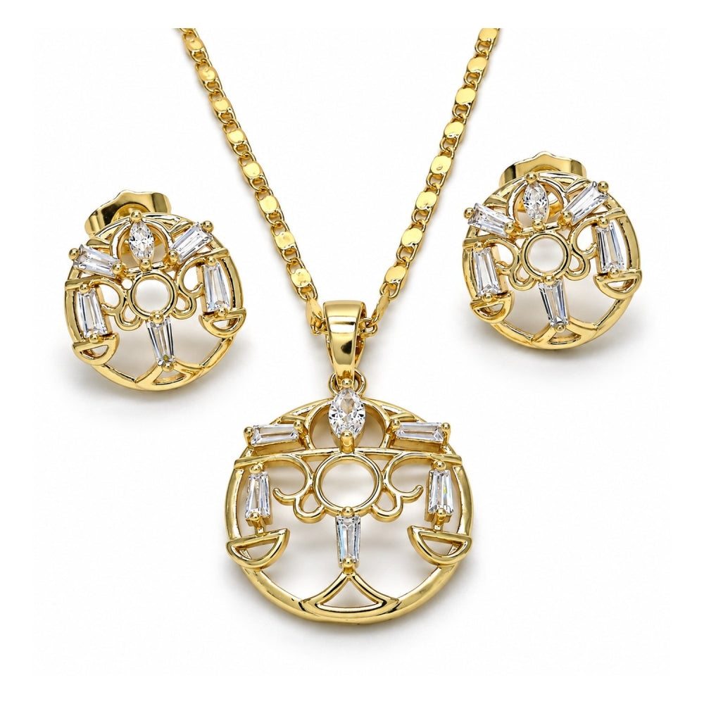 Oro Laminado Earring and Pendant Adult Set, Gold Filled Style Baguette Design, with White Cubic Zirconia, Polished, Golden Finish