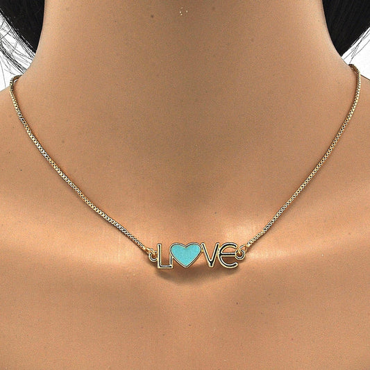 Oro Laminado Earring and Pendant Adult Set, Gold Filled Style Love and Heart Design, Turquoise Enamel Finish, Golden Finish